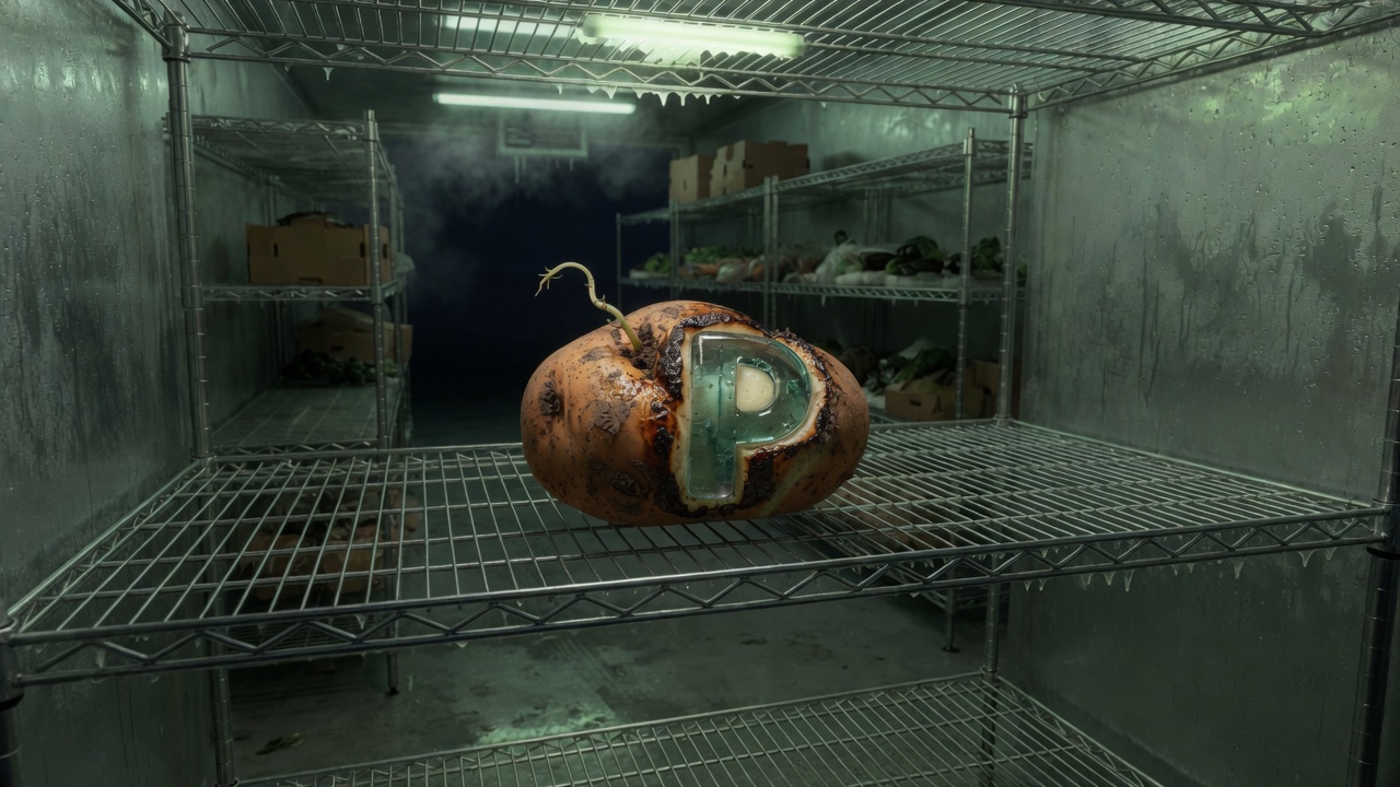 One branded russet potato on a steel cooler shelf, mint glass P catching the only light.