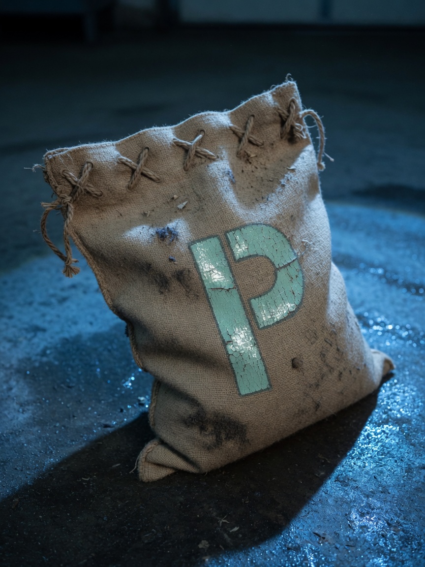 Sack slumped on wet concrete, mint P catching cold light.