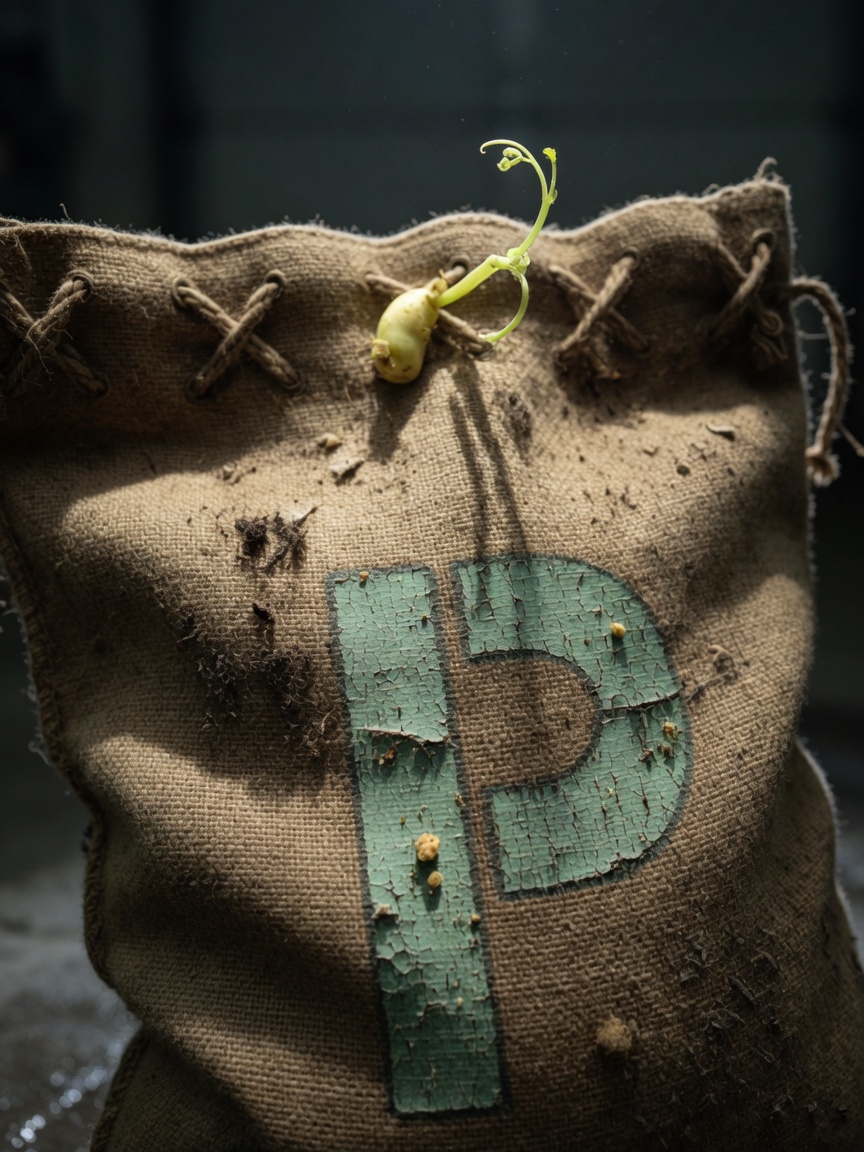Sack with a pale sprout pushing through the twine.