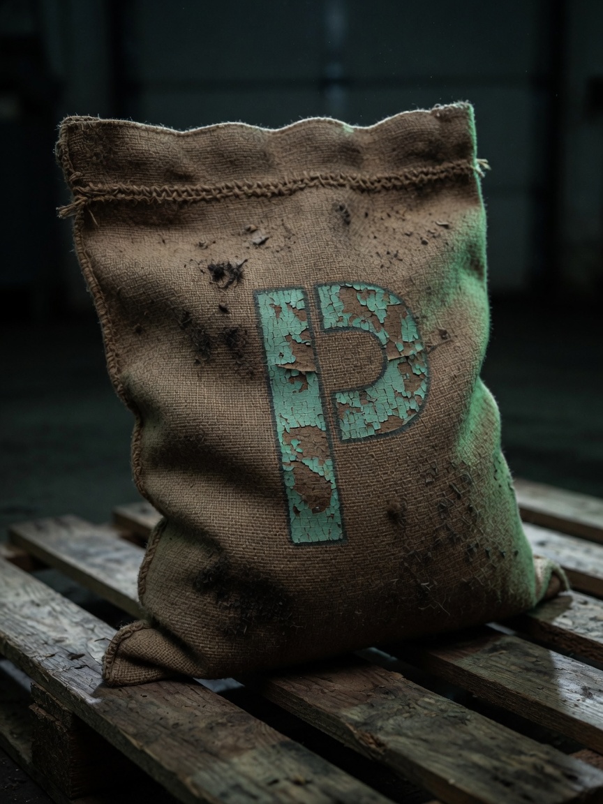 Tightly sewn sack on a pallet, worn P stamp.