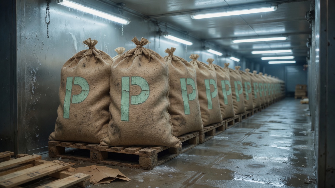 Identical sewn burlap sacks stamped with a mint P, receding down a cold-room aisle.