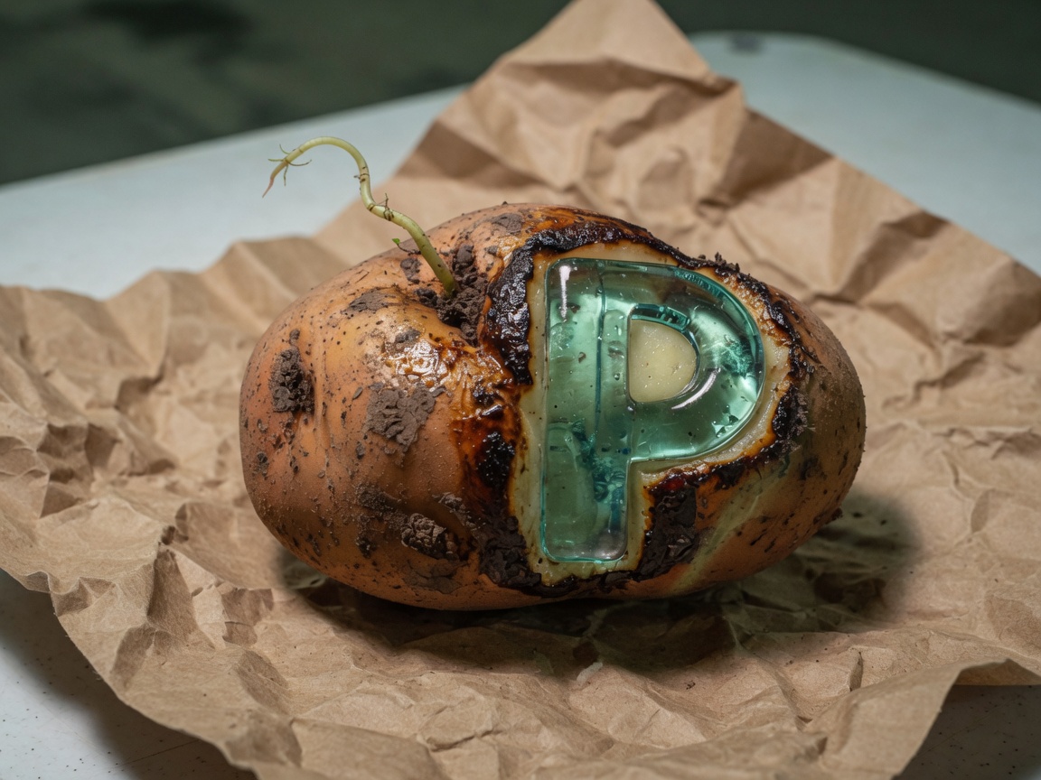 The branded russet potato on kraft paper.