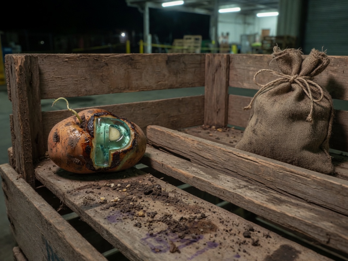 Branded potato on a crate rail with a tiny sprout, a sewn burlap sack waiting at the far end.