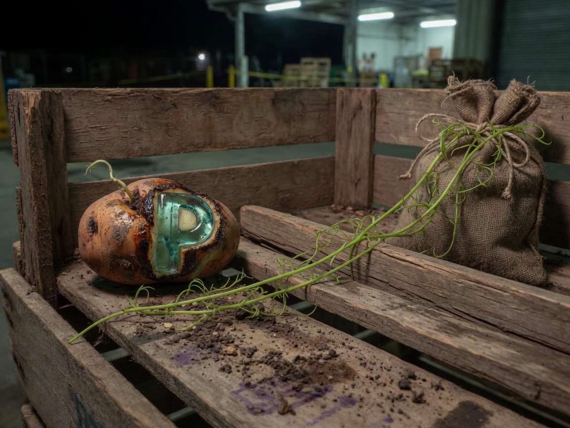 The sprout has grown along the crate rail toward the sack.