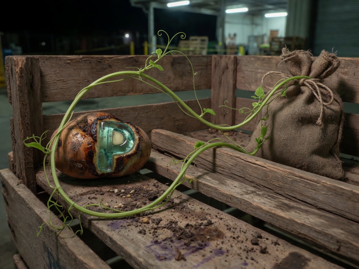 The sprout has reached the sewn burlap sack.